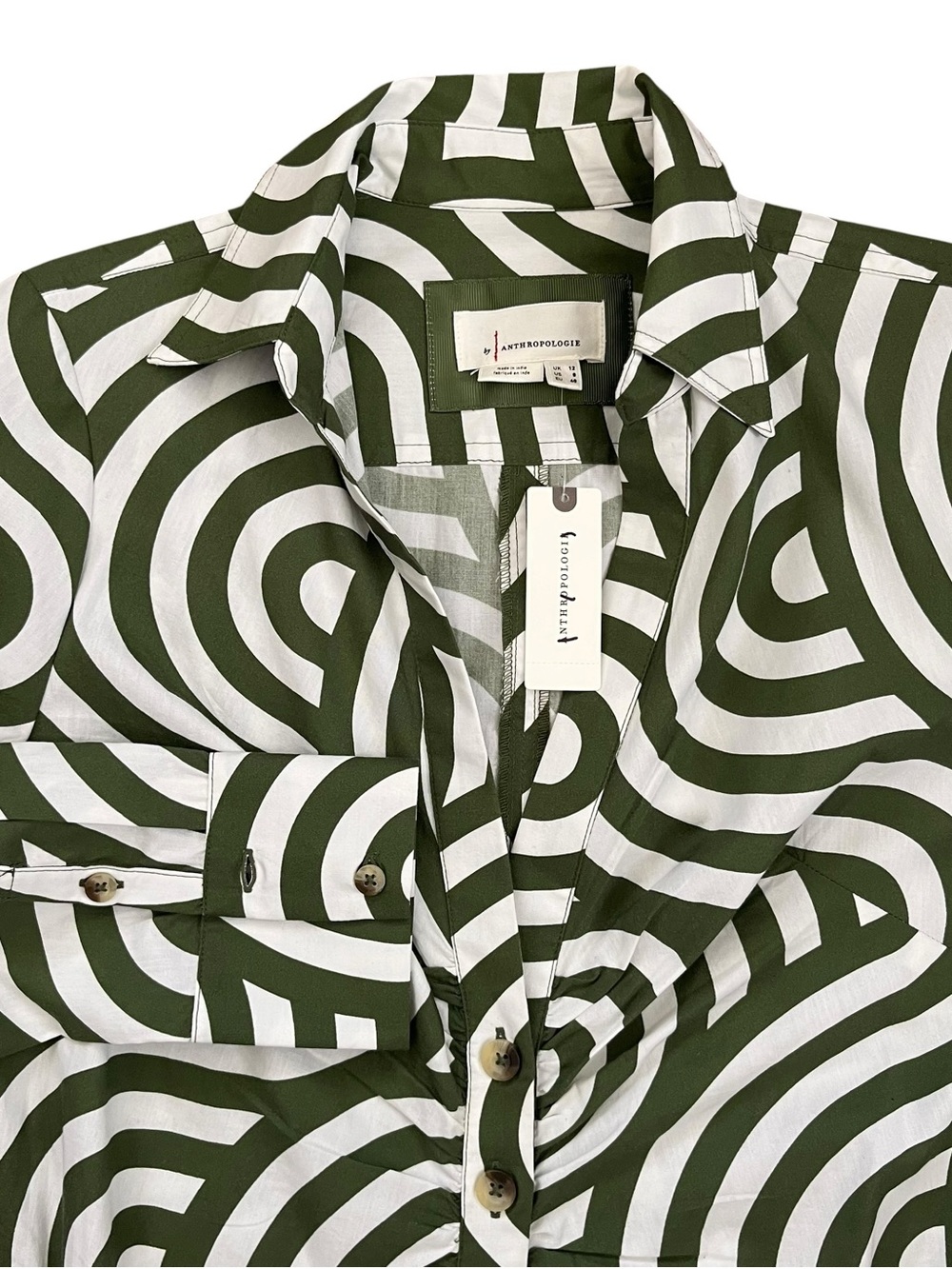 Anthropologie Green Geometric Poplin Shirt Dress Button Front Cotton Size 8 NWT - Picture 7 of 12